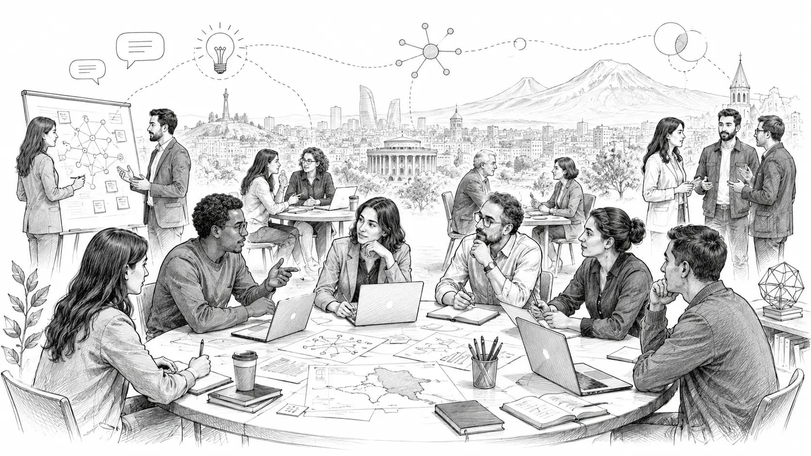 Black-and-white sketch representing expert communities and digital collaboration