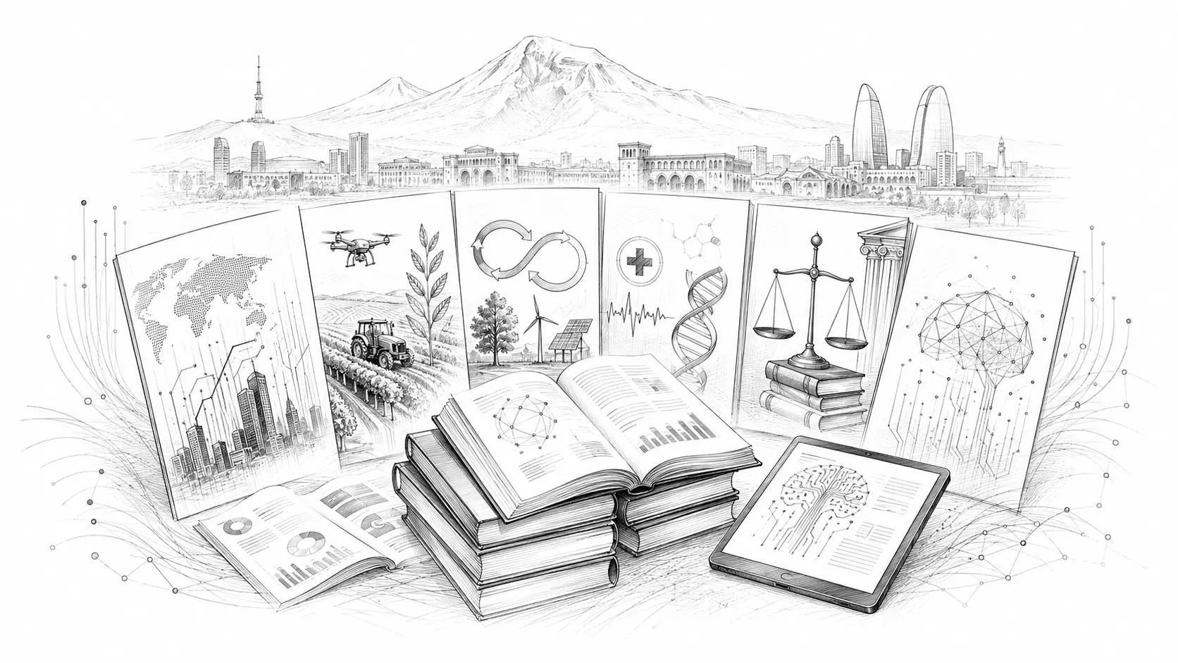 Black-and-white sketch representing digital economy publications, technology, agritech, healthcare, law, green economy, and AI research